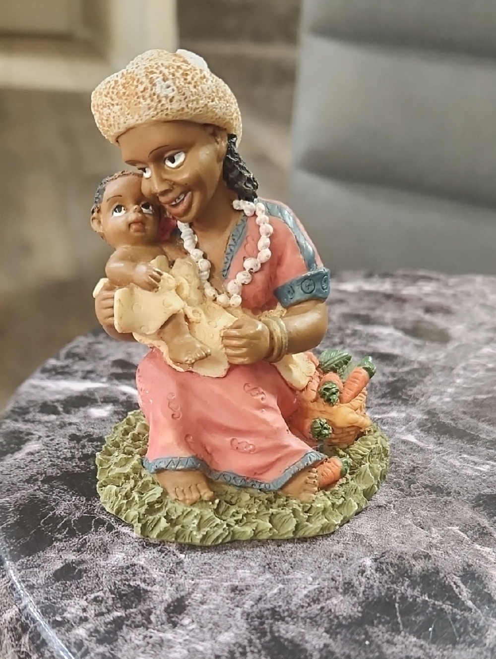 Hand-Painted Ceramic Mother & Child Figurine in Coral